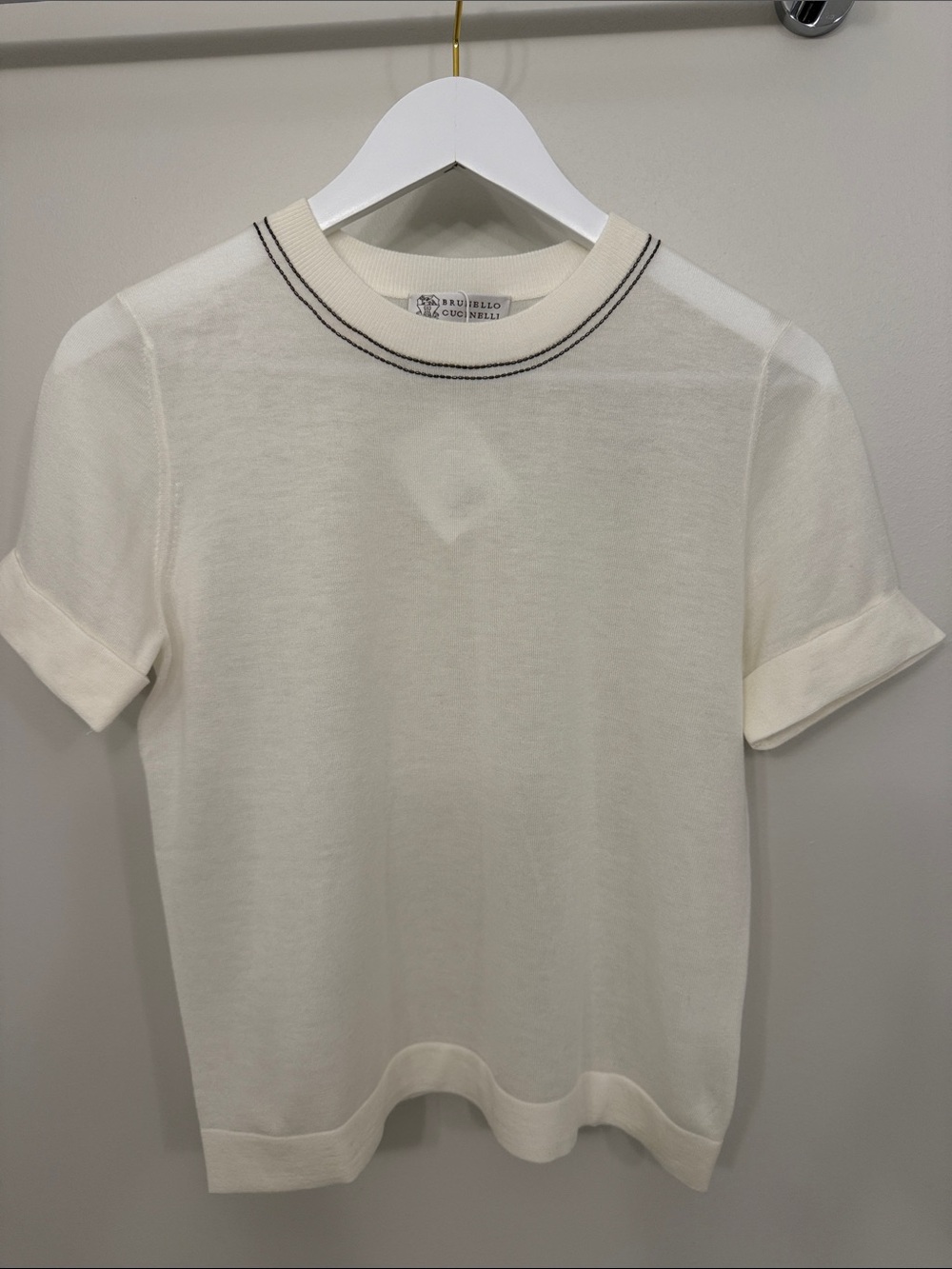 Brunello Cucinelli Cream Knit Tee with Black Contrast Stitch